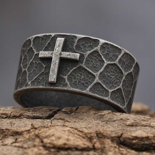 Hammered Cross Titanium Steel Ring Amen Artisan