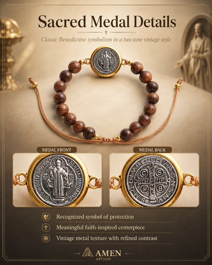 Pulseira ajustável com medalha de São Bento e contas de madeira artesanais Amém