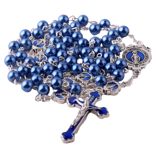 $0.99 Deal Deep Blue Pearl Beads Virgin Mary Rosary