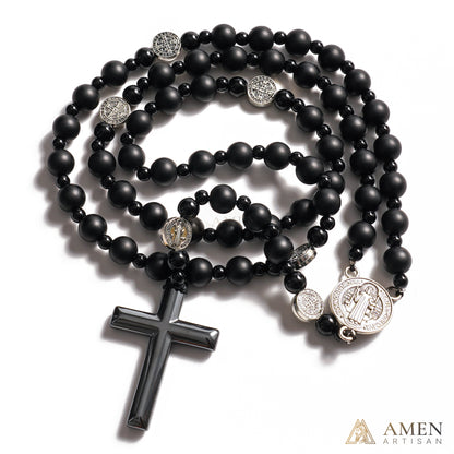 Obsidian St. Benedict Rosary — Black Obsidian Prayer Beads with Saint Benedict Medal for Protection