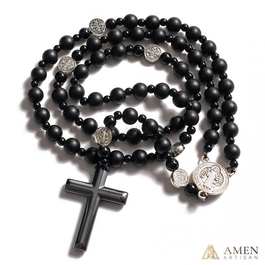 Obsidian St. Benedict Rosary — Black Obsidian Prayer Beads with Saint Benedict Medal for Protection