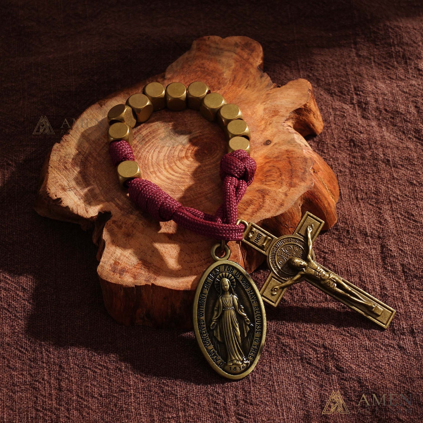 【DEAL TODAY】Burgundy Clip-On Pocket Decade Rosary with Crucifix and Our Lady Medal