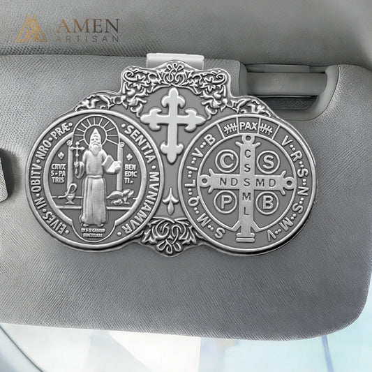Acessórios para viseira de sol de carro Amém Artisan Medalha de São Bento Abençoe a segurança ao dirigir