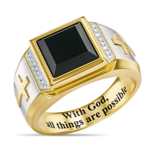 $0.99 Deal - Black Onyx Diamond Gold Cross Signet Two Tone Ring