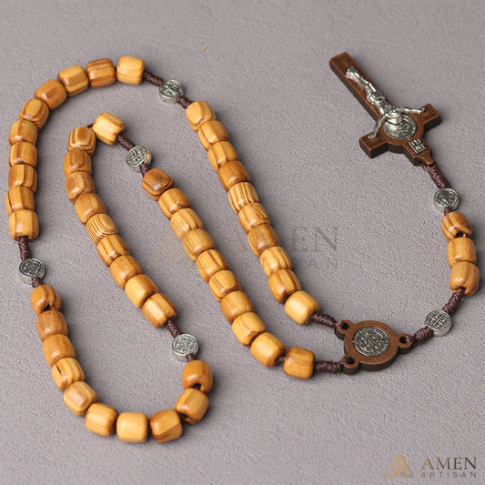 Pine Wood Rosary with Saint Benedict Medal Amen Artisan