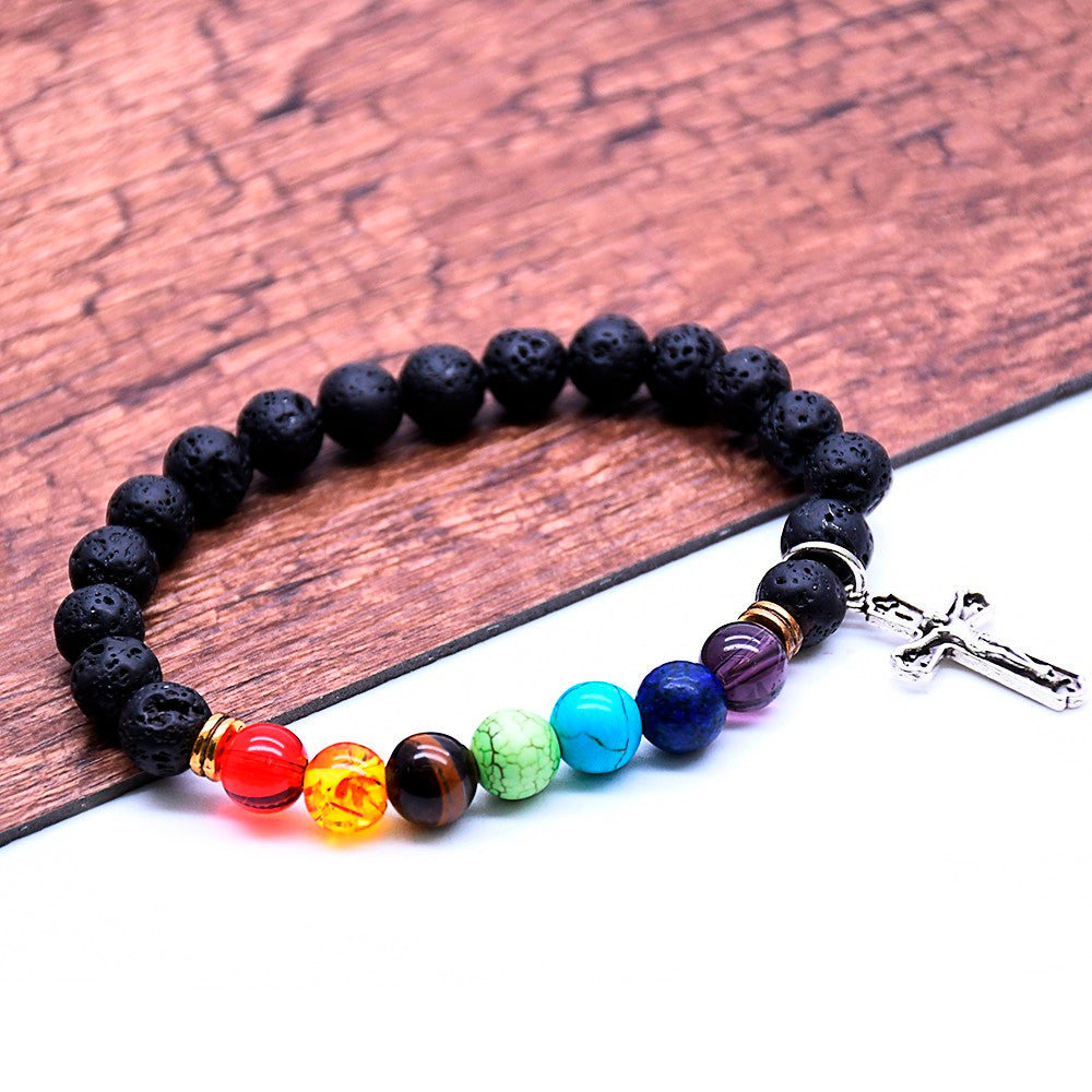 $0.99 Deal 7 Chakra Lava Stone Crucifix Bracelet
