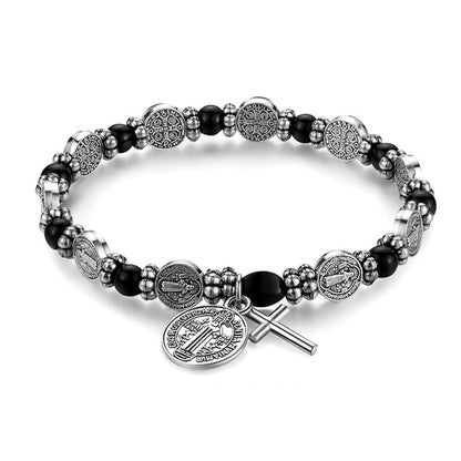 Amen Artisan Hematite Beads Saint Benedict Medal Cross Elastic Cord Bracelet