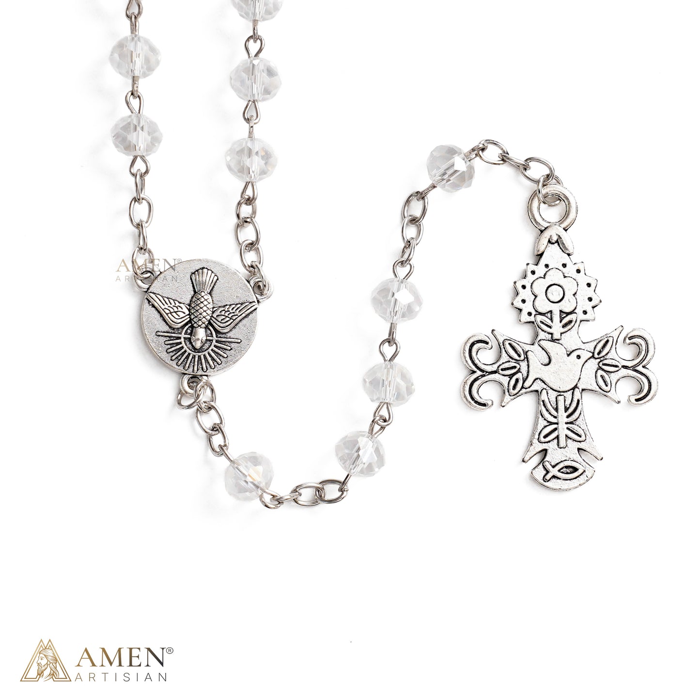 Holy Spirit Dove Rosary-Style Necklace with Clear Faceted Beads
