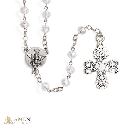 Holy Spirit Dove Rosary-Style Necklace with Clear Faceted Beads