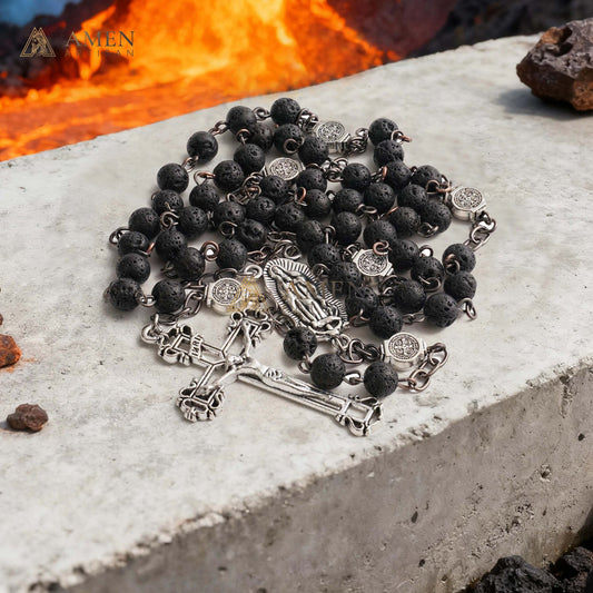 Lava Stone Our Lady of Guadalupe Medal Rosary Amen Artisan