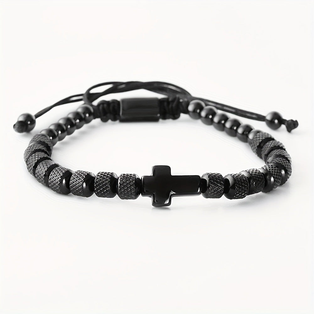 Adjustable Cross Bead Bracelet with Woven Cord