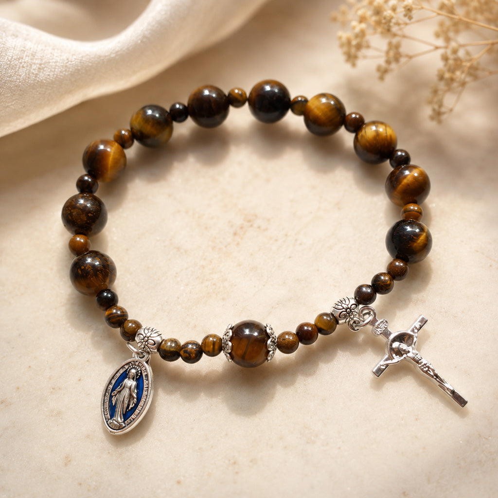 Natural Tiger Eye Prayer Bracelet with Mary Medal and Crucifix Charm