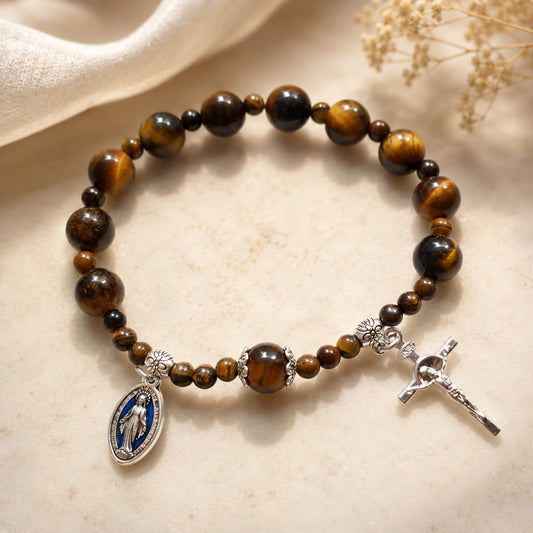 Natural Tiger Eye Prayer Bracelet with Mary Medal and Crucifix Charm