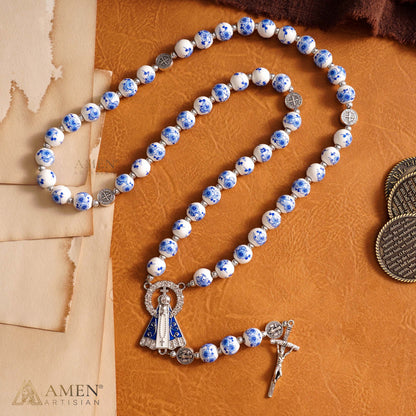 Blue Floral Ceramic Rosary with Marian Pendant and St. Benedict Medals — Grace and Peace | Amen Artisan