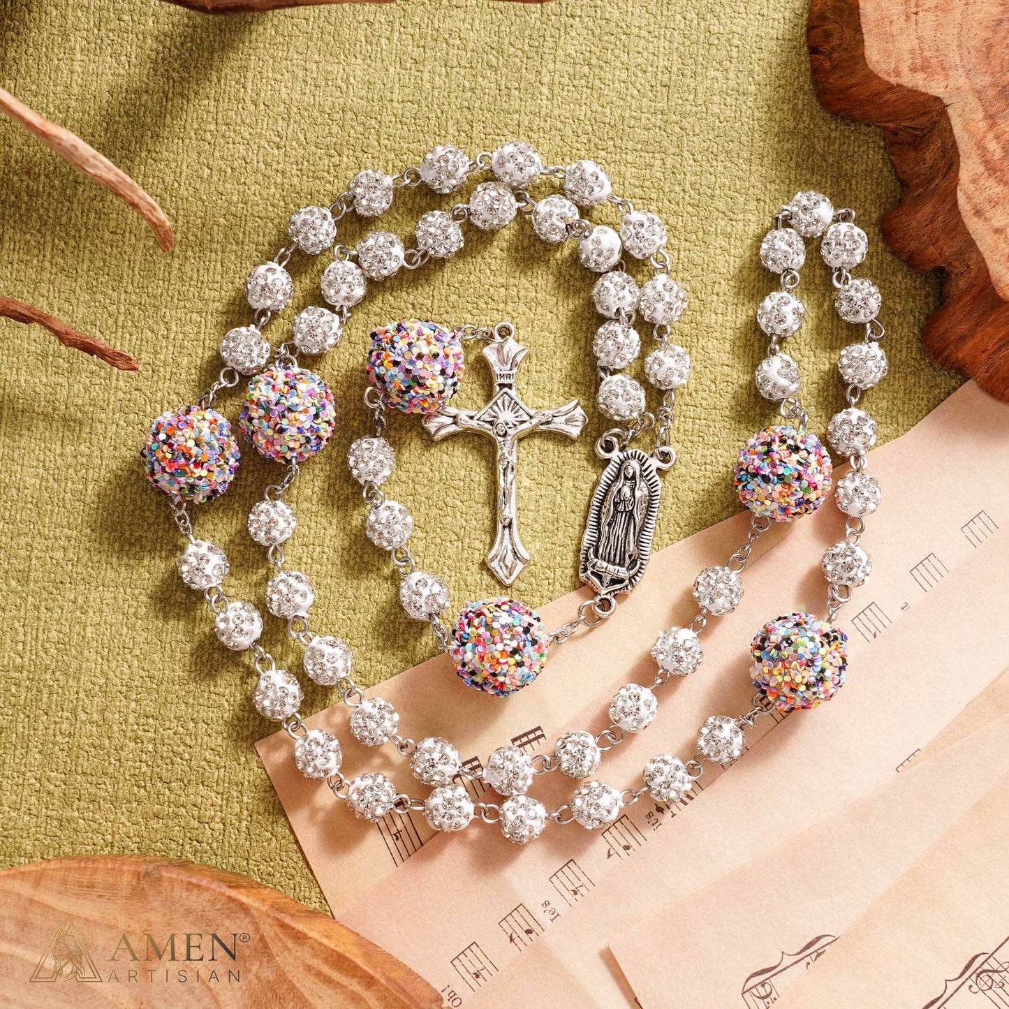 【DEAL TODAY】Our Lady of Guadalupe Five-Decade Rosary with Sparkling Rhinestone Beads and Colorful Sequin Accents — Grace and Devotion | Amen Artisan