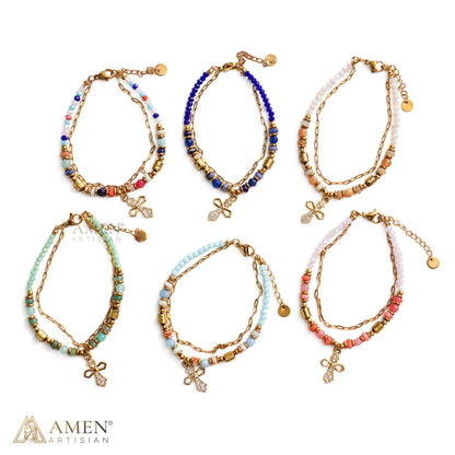 Layered Beaded Bracelet with Sparkling Cross Charm