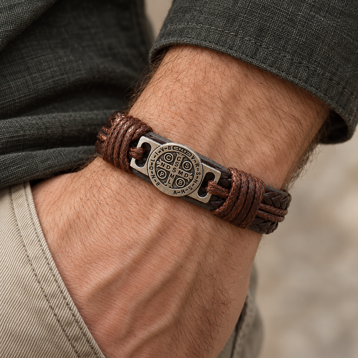 【DEAL TODAY】St. Benedict Medal Braided Leather Bracelet