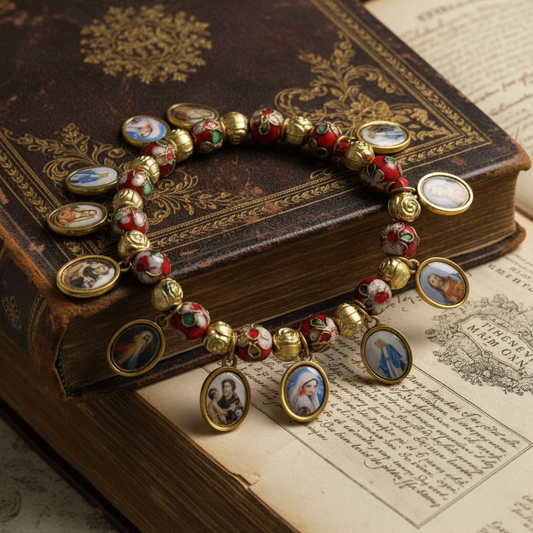 Pulseira elástica Cloisonné Beads Saint Medal Amen Artisan