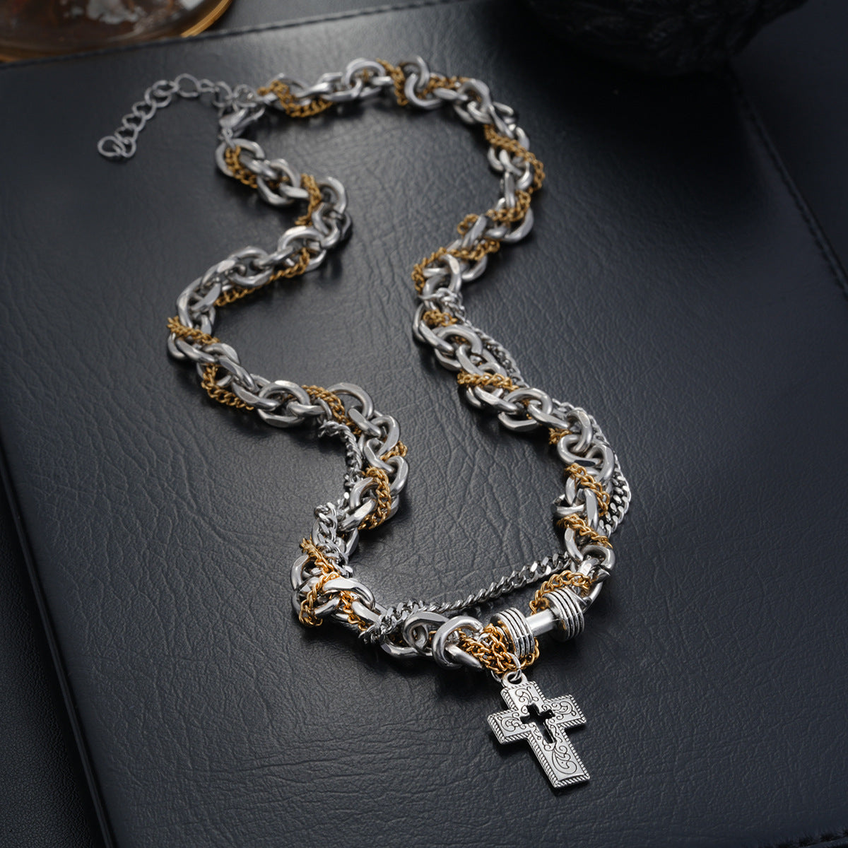 Two-Tone Mixed-Link Cross Necklace