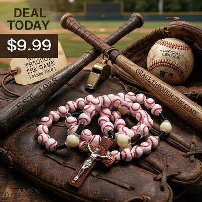 “Home Run” Handcrafted Baseball Rosary with Baseball-Stitch Beads and Wood-Grain Crucifix — Faith for Every Season