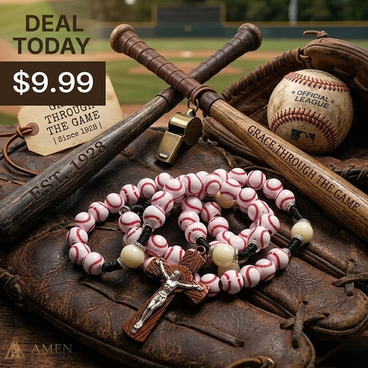 “Home Run” Handcrafted Baseball Rosary with Baseball-Stitch Beads and Wood-Grain Crucifix — Faith for Every Season