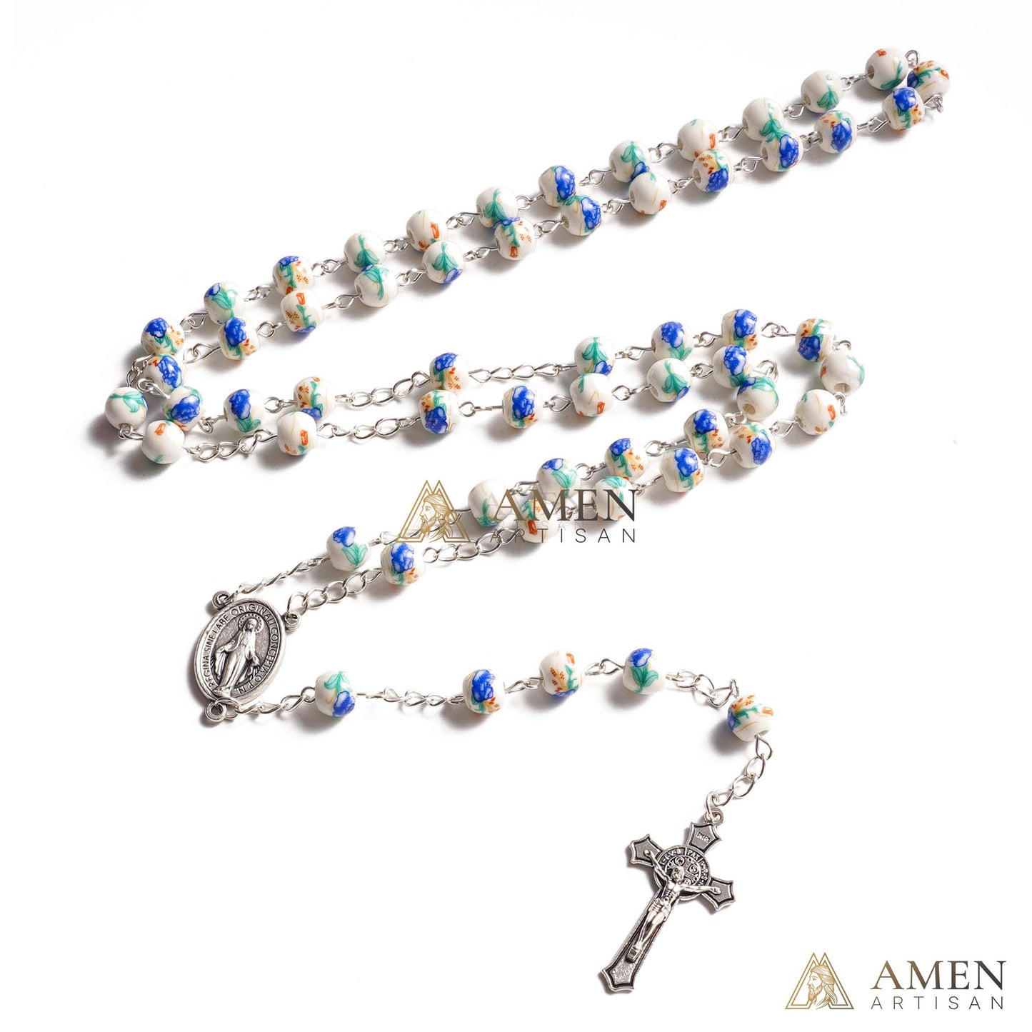 Blue Peony Ceramic Rosary Amen Artisan