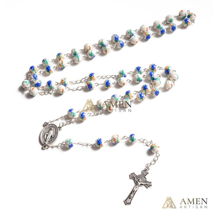 Blue Peony Ceramic Rosary Amen Artisan