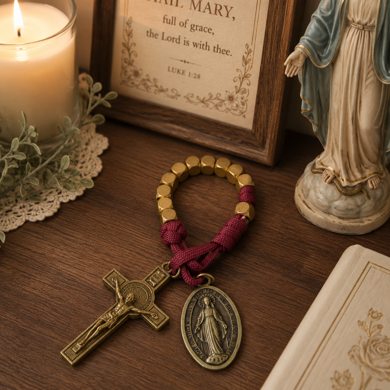 【DEAL TODAY】Burgundy Clip-On Pocket Decade Rosary with Crucifix and Our Lady Medal