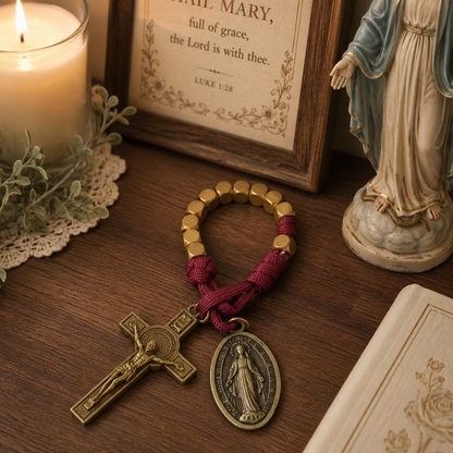 【DEAL TODAY】Burgundy Clip-On Pocket Decade Rosary with Crucifix and Our Lady Medal