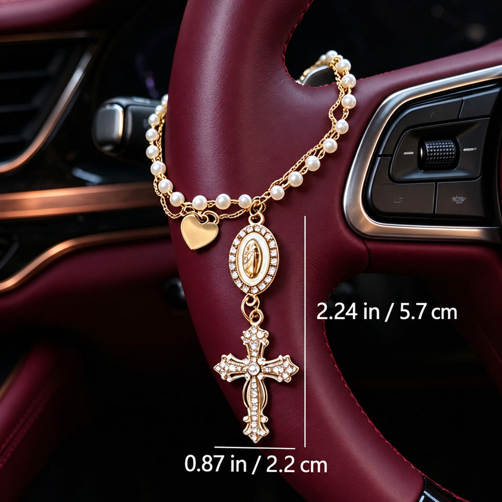 Virgin Mary & Cross Pearl-Like Bead Car Charm