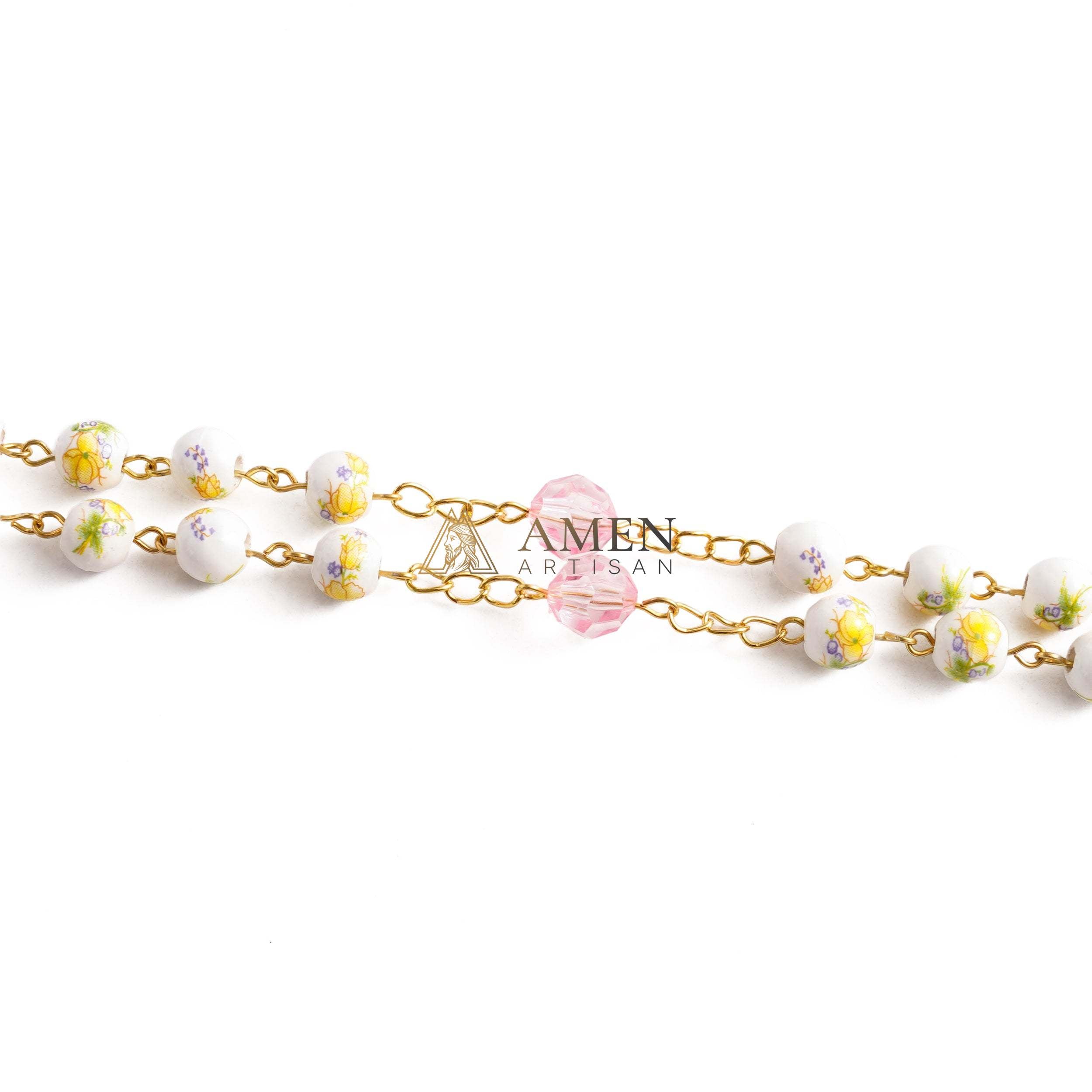 Yellow Daffodils Pink Glass Crystal Miraculous Medal Crucifix