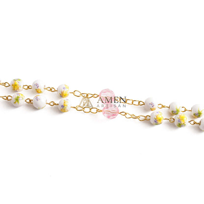 Yellow Floral Ceramic Rosary Amen Artisian