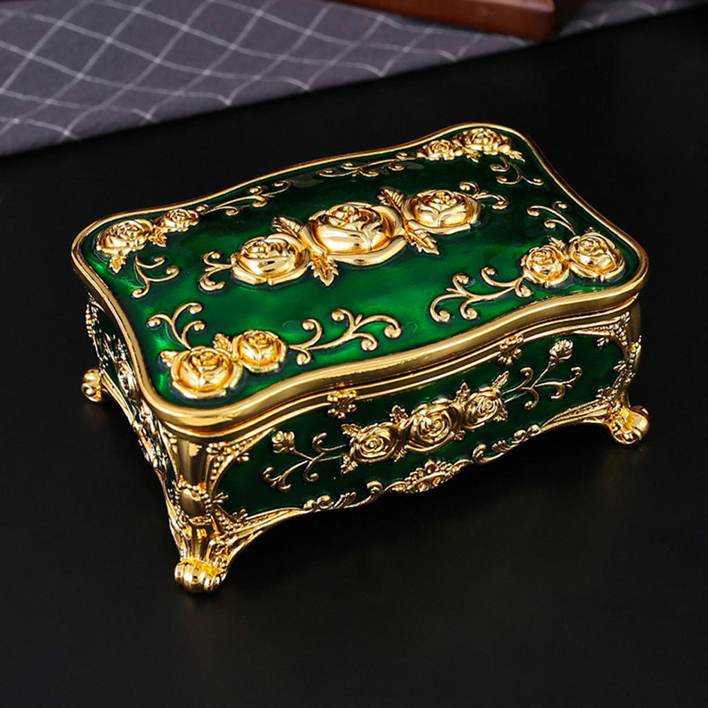 Vintage Rose Metal Rosary Keepsake Box with Gold-Tone Details