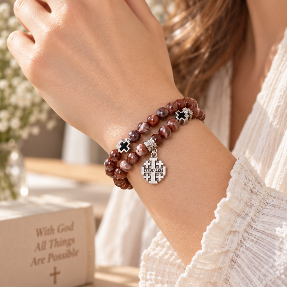 【DEAL TODAY】White Bead Virgin Mary Medal and Crucifix Wrap Rosary Bracelet