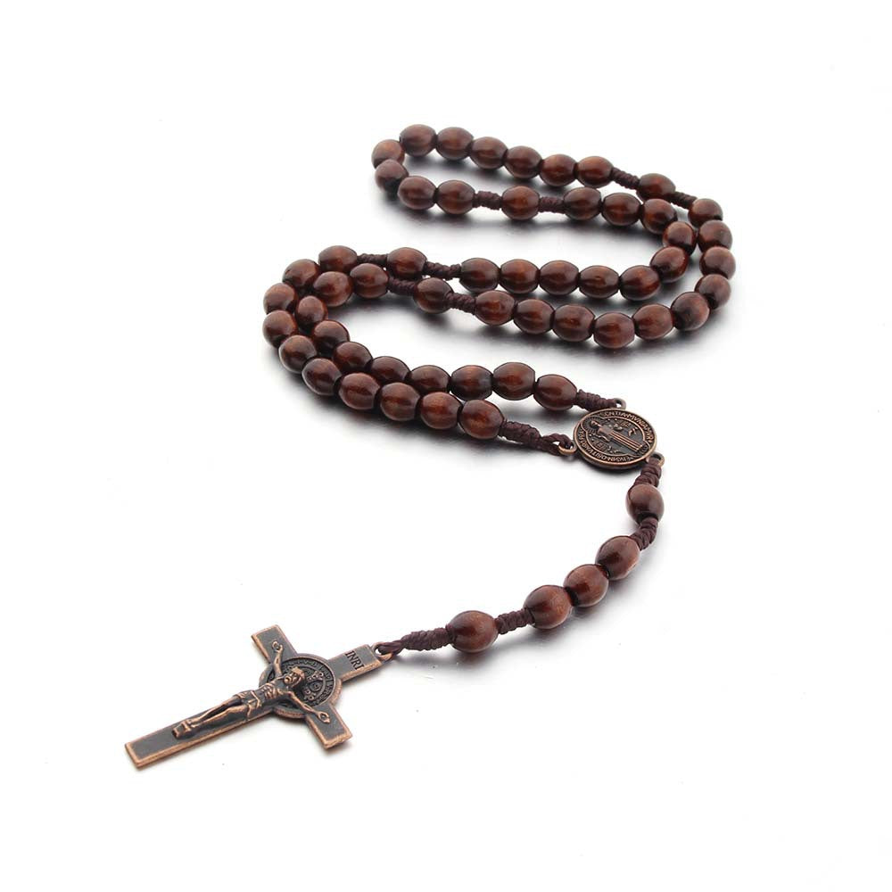 Handmade String Brown Wooden Bead Cross Rosary Necklace