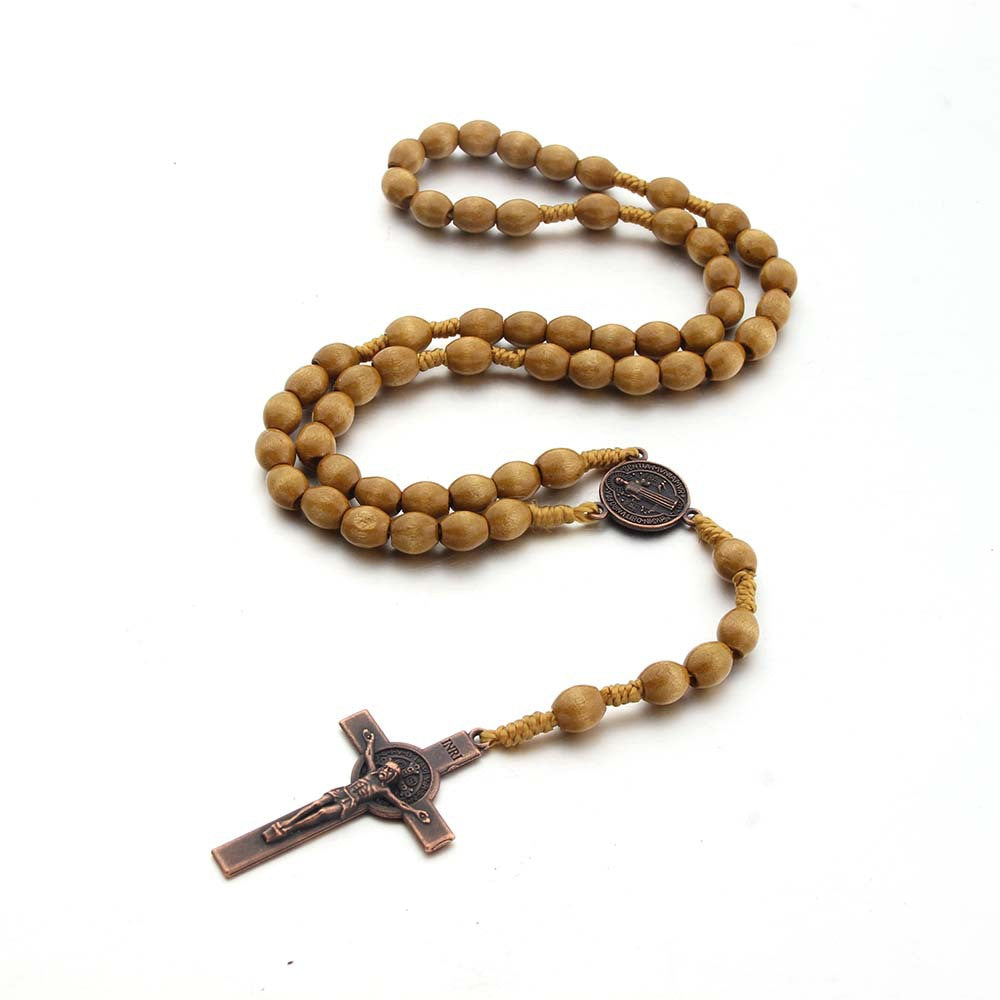 Handmade String Brown Wooden Bead Cross Rosary Necklace