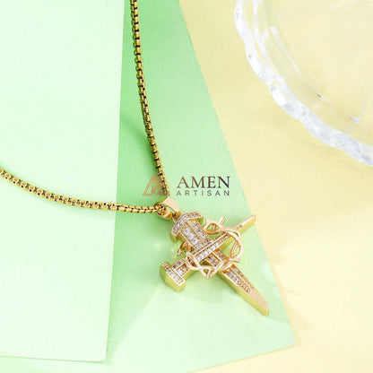 Zircon Nail & Crown of Thorns Cross Pendant Necklace Amen Artisan