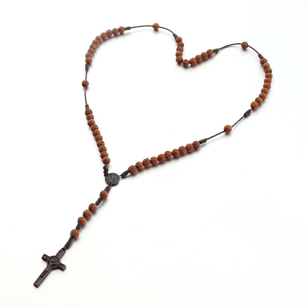 Handmade String Brown Wooden Bead Cross Rosary Necklace