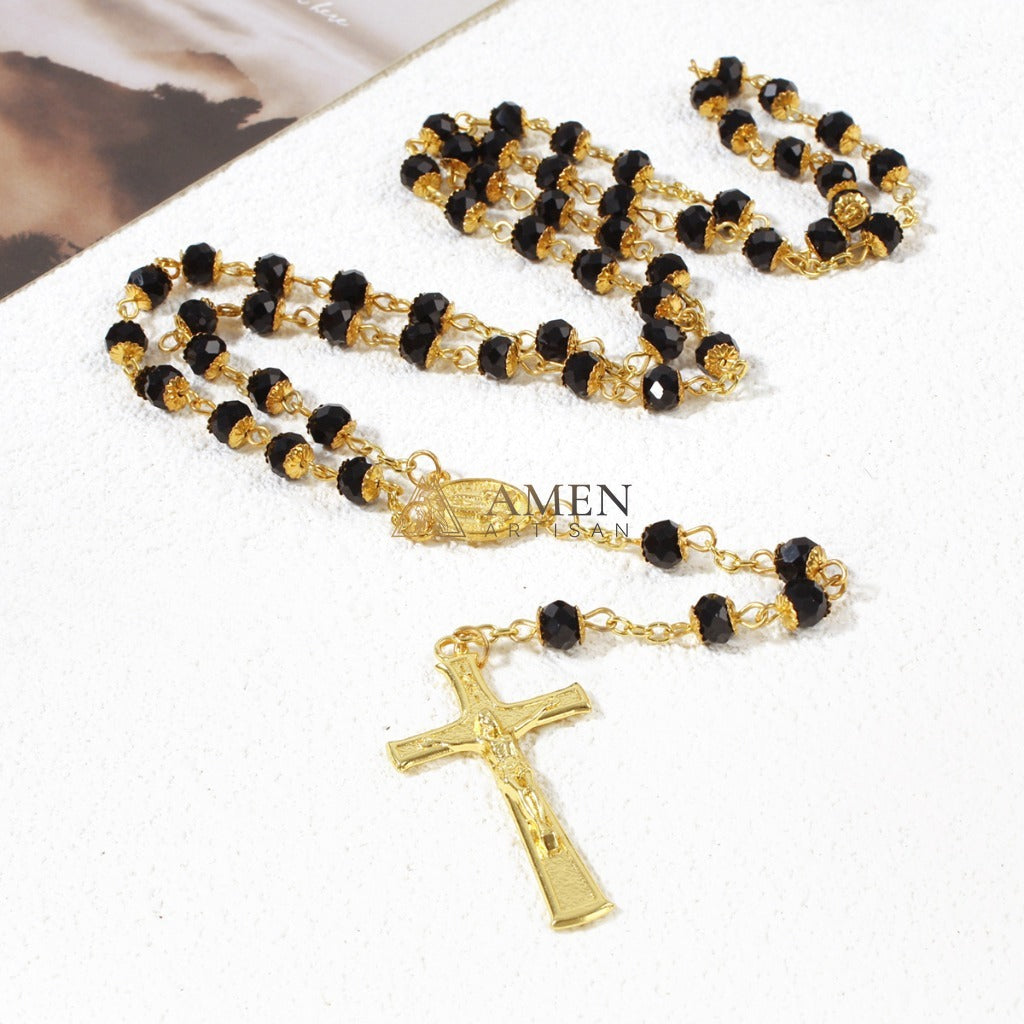 Black Glass Our Lady Crucifix Rosary Amen Artisan