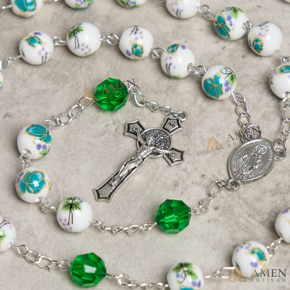 Cyan Floral Ceramic Rosary Amen Artisan