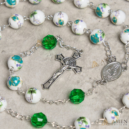 Cyan Floral Ceramic Rosary Amen Artisan