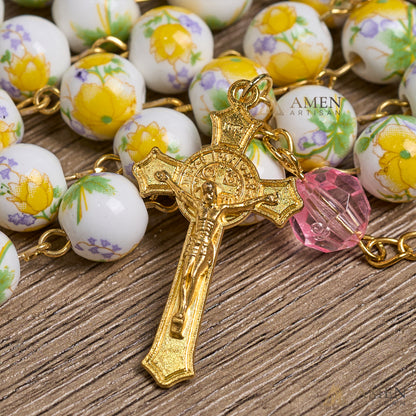 Yellow Floral Ceramic Rosary Amen Artisan