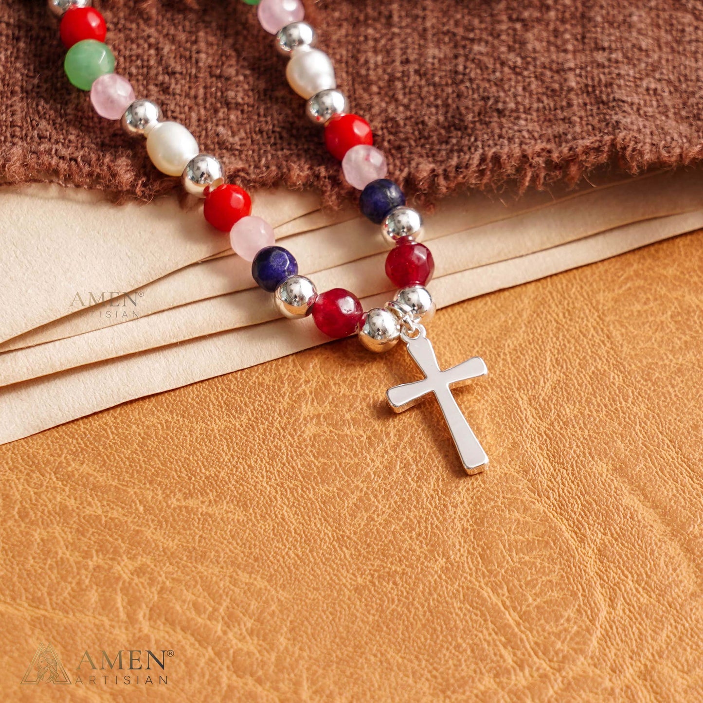 【DEAL TODAY】Colorful Beaded Cross Necklace with Natural Stone Details