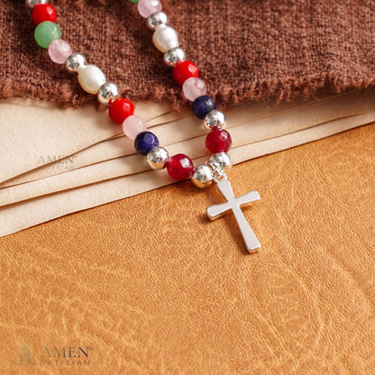 【DEAL TODAY】Colorful Beaded Cross Necklace with Natural Stone Details