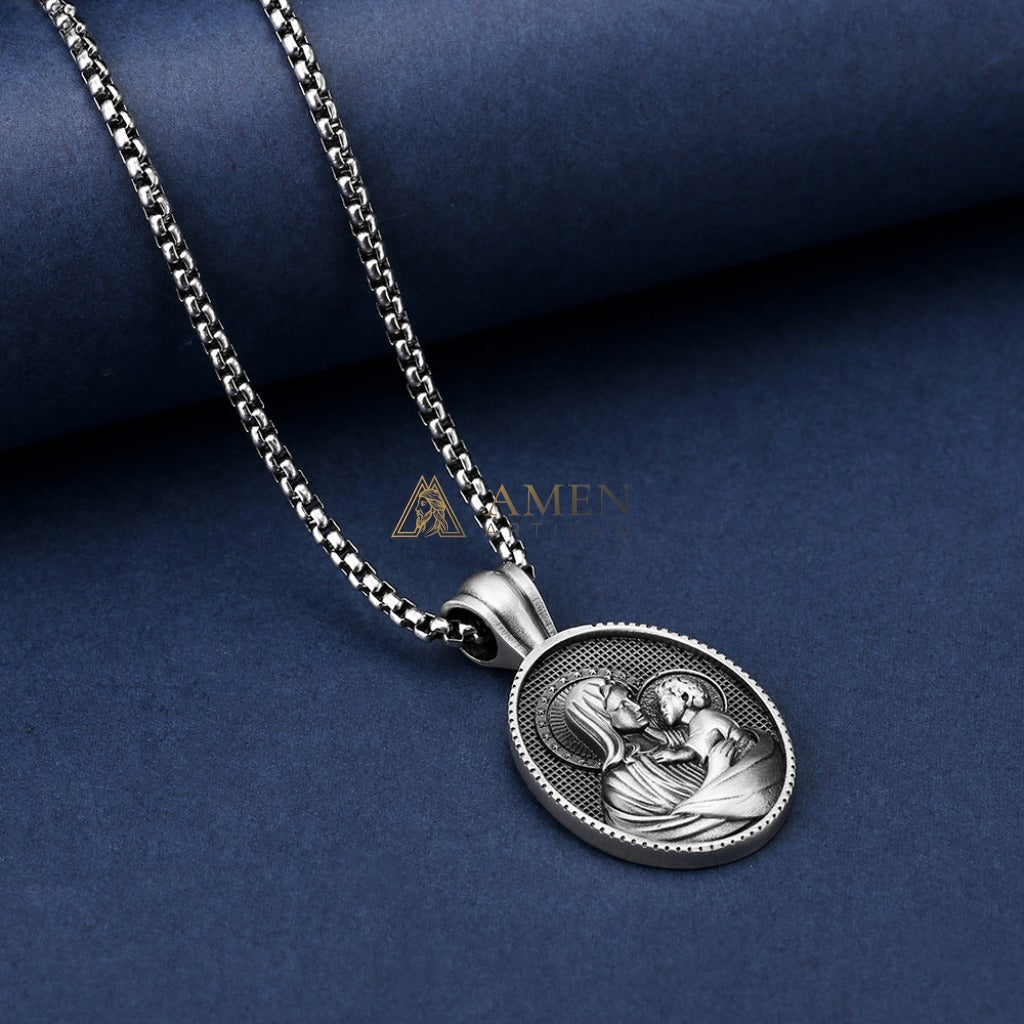 Virgin Mary & Child Oval Pendant Necklace Amen Artisan