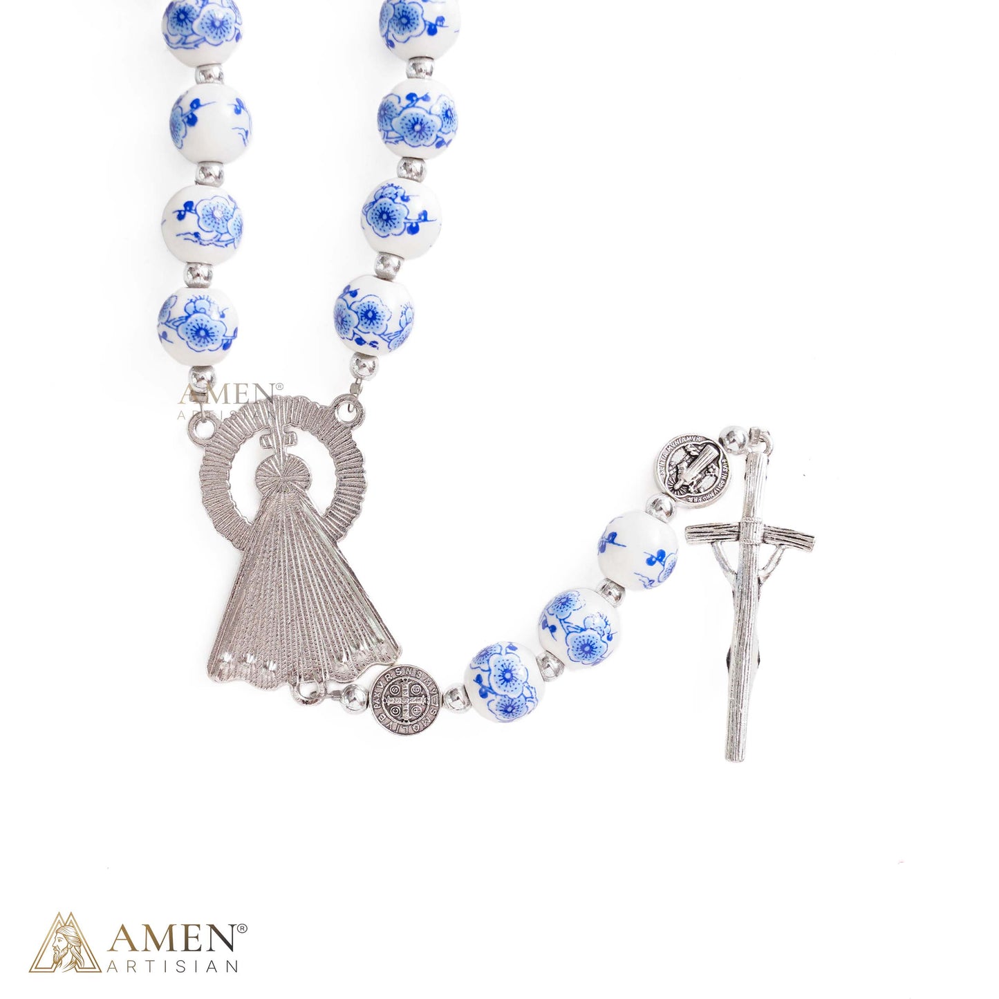 Blue Floral Ceramic Rosary with Marian Pendant and St. Benedict Medals — Grace and Peace | Amen Artisan