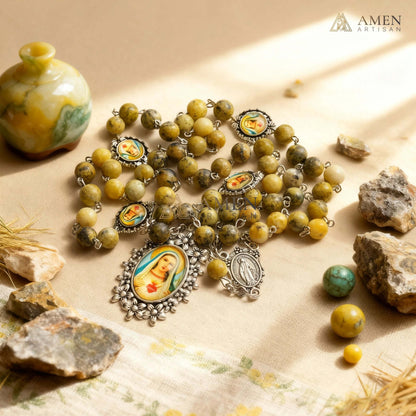 Yellow Turquoise Immaculate Heart of Mary Rosary Amen Artisan