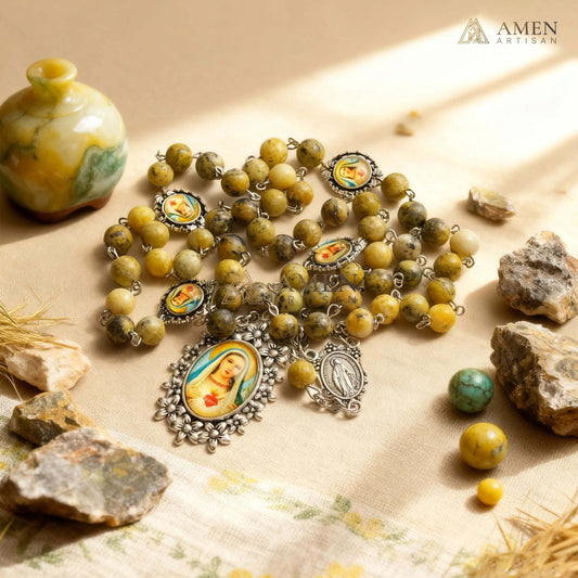 Yellow Turquoise Immaculate Heart of Mary Rosary Amen Artisan