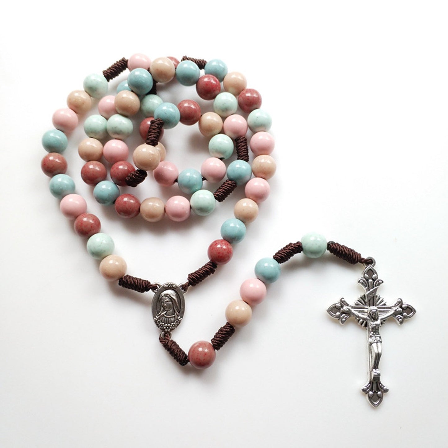 Handmade Catholic Virgin Mary Jesus Cross Rosary Necklace