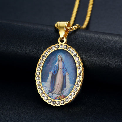 Holy Mother Photo Memorial Titanium Steel Zircon Necklace | Amen Artisan